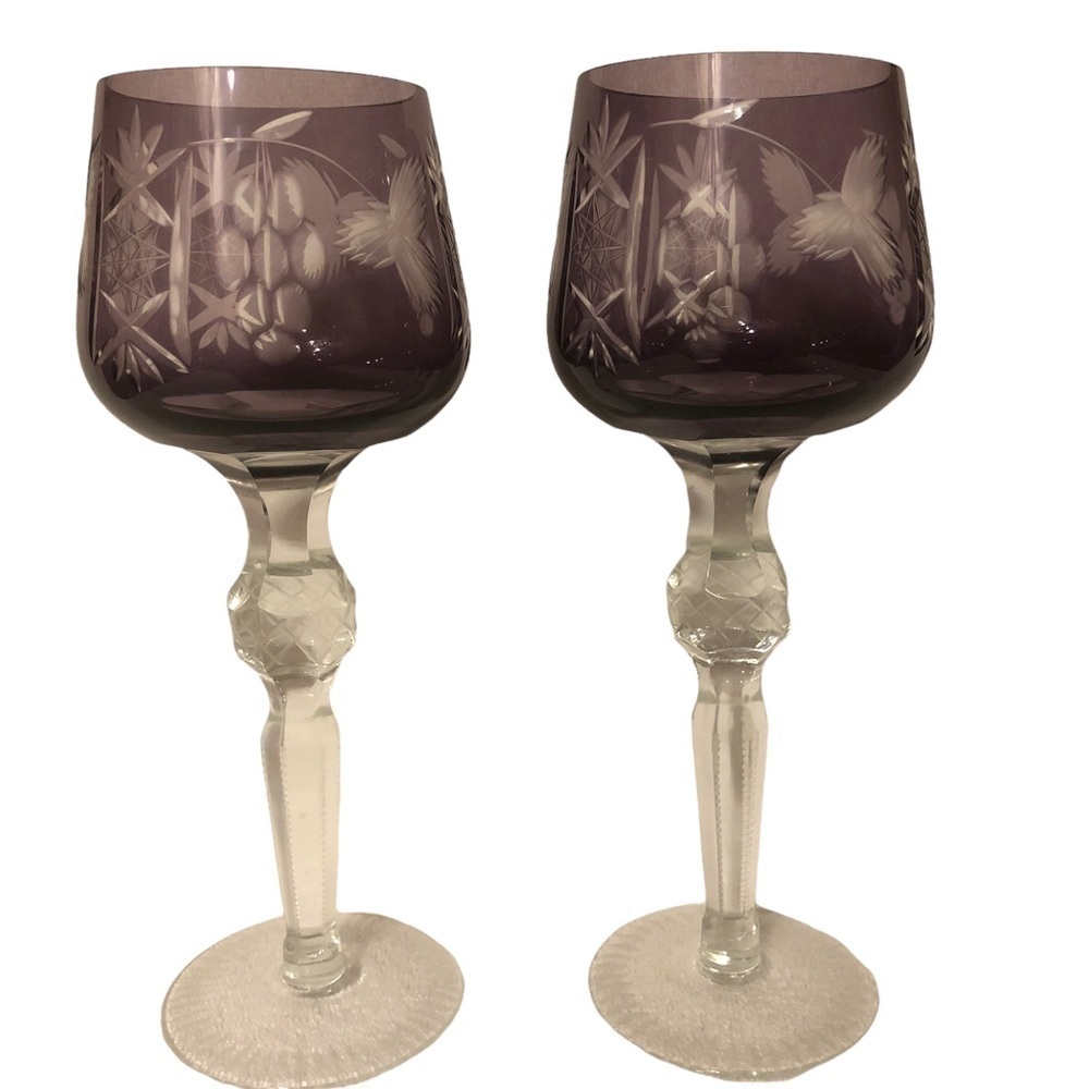 Set of 2 Purple Fine Floral Etched Glass Cut Crystal Wine Glasses Bride Groom